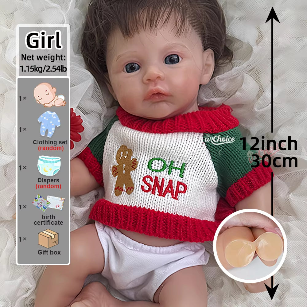 Micro 12" Silicone Reborn Baby Doll Lifelike Handmade Doll Rooted Hair Soft Newborn Doll for Festive Toys Gifts Art Collection