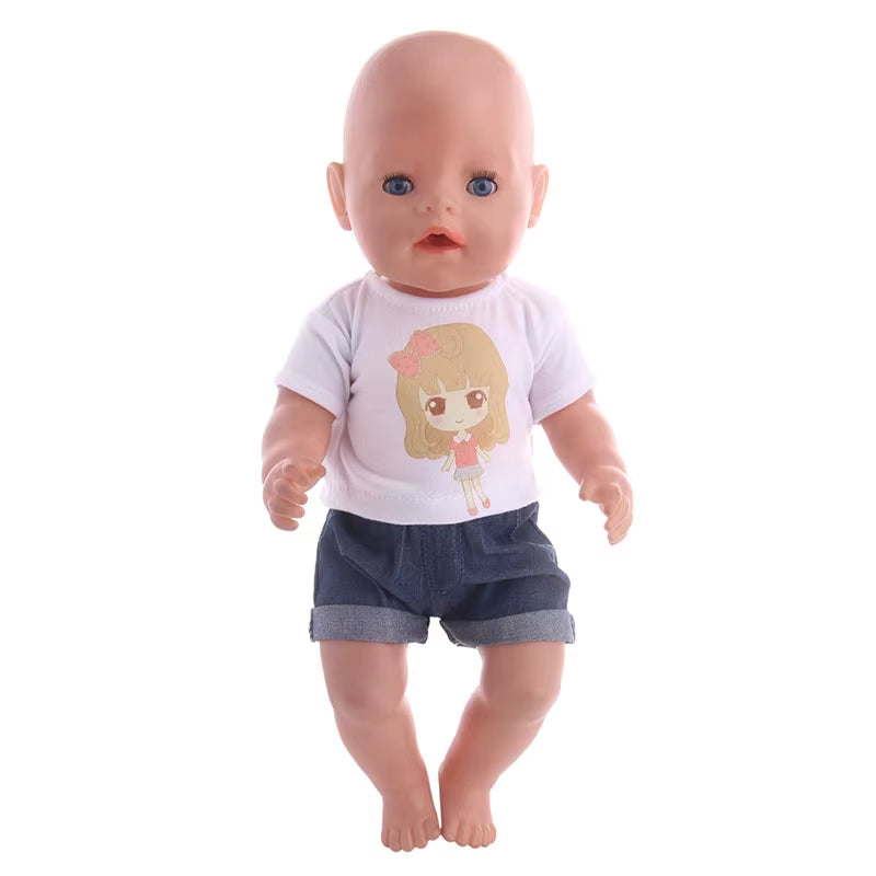 43Cm Baby Doll Clothes Denim18 Inch Reborn Baby New Born Doll Clothes 2Pcs/Set Shirts+Pants Unicorn Duck Whale Dogs Clothes Toy