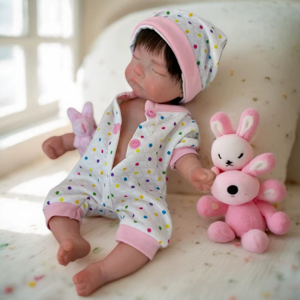 Close Eyes 25Cm Open Mouth & Washable Bebe Reborn Silicone Girl Doll with Rooted Hai Paint Skin Soft Touch Newborn Girl Doll