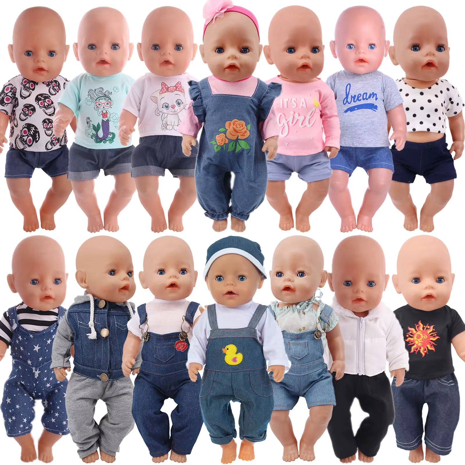 43Cm Baby Doll Clothes Denim18 Inch Reborn Baby New Born Doll Clothes 2Pcs/Set Shirts+Pants Unicorn Duck Whale Dogs Clothes Toy