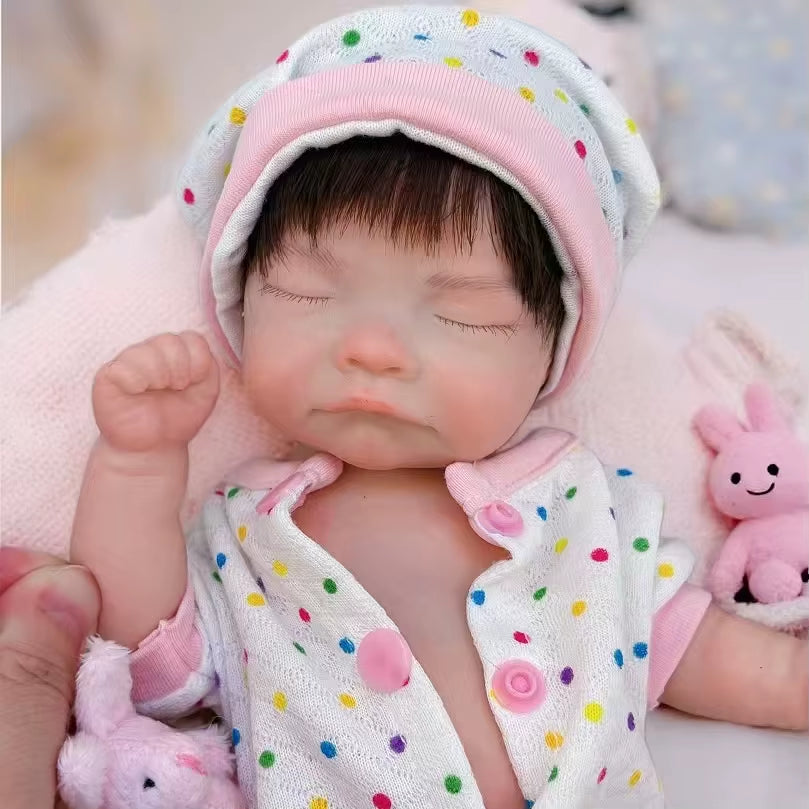 Close Eyes 25Cm Open Mouth & Washable Bebe Reborn Silicone Girl Doll with Rooted Hai Paint Skin Soft Touch Newborn Girl Doll