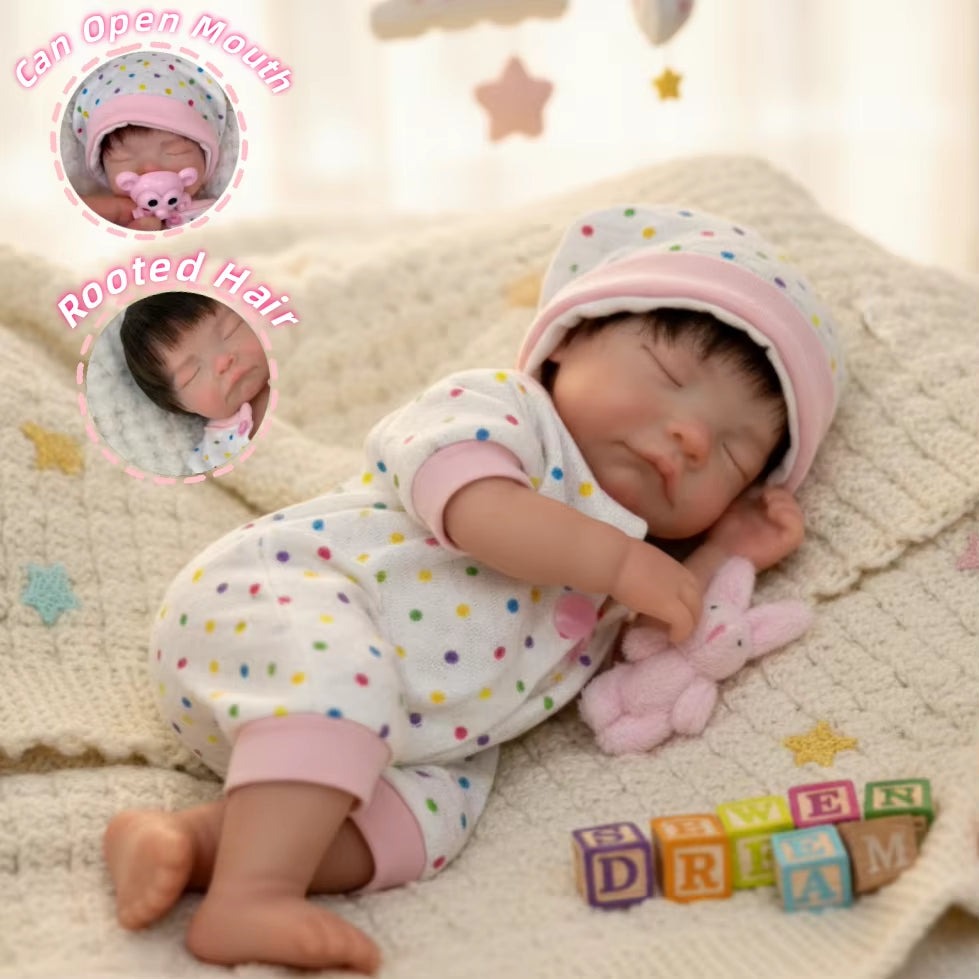 Close Eyes 25Cm Open Mouth & Washable Bebe Reborn Silicone Girl Doll with Rooted Hai Paint Skin Soft Touch Newborn Girl Doll