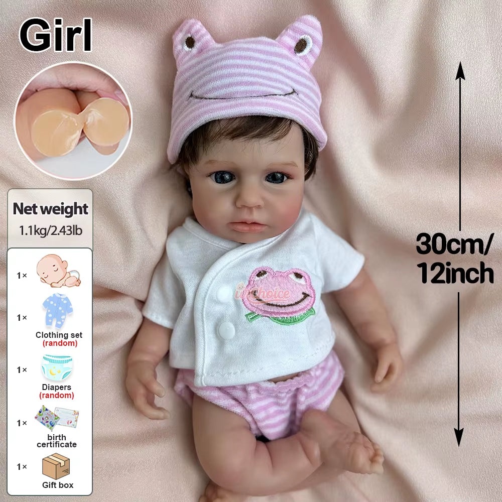 12Inch Mini Can Open Mouth Whole Body Soft Silicone Bebe Reborn Girl with Rooted Hair Handmade Newborn Doll for Birthday Gift