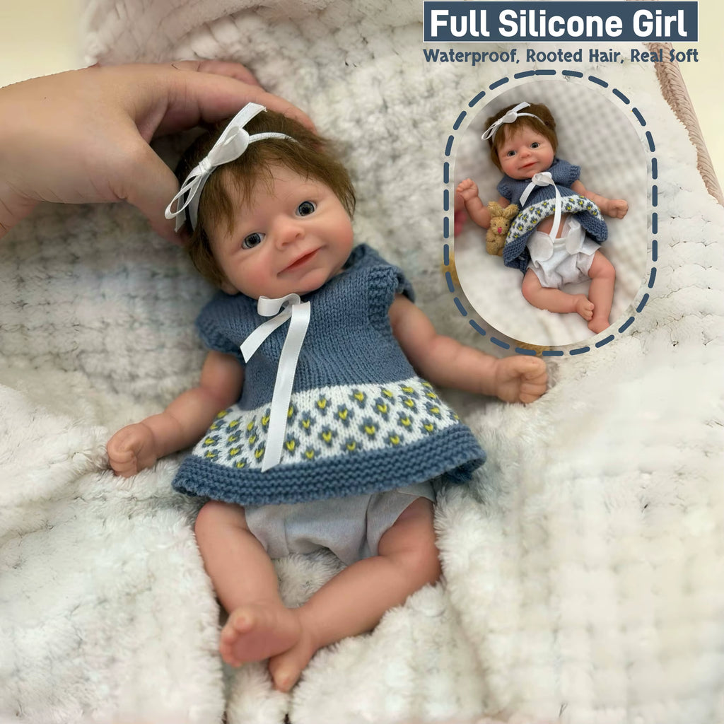 1 PC 10Inch Cuddly Silicone Girl with Rooted Hair Reborn Doll Waterproof Newborn Baby Girl Lifelike Painted Realistic Doll Toy
