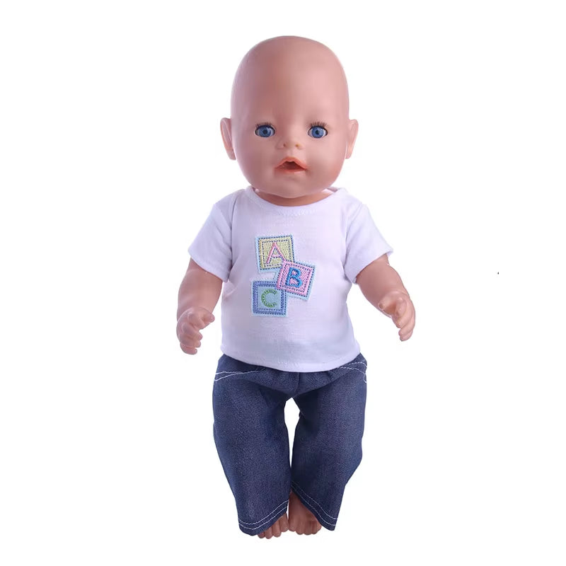 43Cm Baby Doll Clothes Denim18 Inch Reborn Baby New Born Doll Clothes 2Pcs/Set Shirts+Pants Unicorn Duck Whale Dogs Clothes Toy